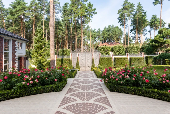 Newly built stone patio in a garden